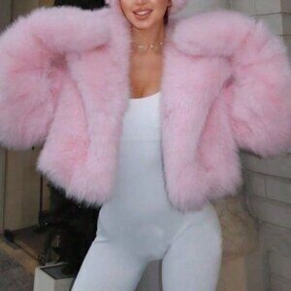 Pink Cute Women's Coat Jacket Faux Fox Fur Hooded Fleece Jacket - Picture 3 of 3
